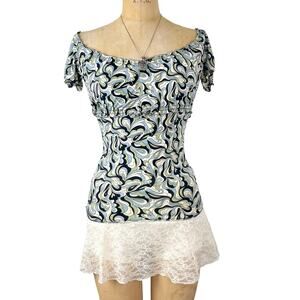 Vtg Max Studio Y2K Milkmaid Top Size S Blue Swirl Psychedelic Lace Trim Coquette